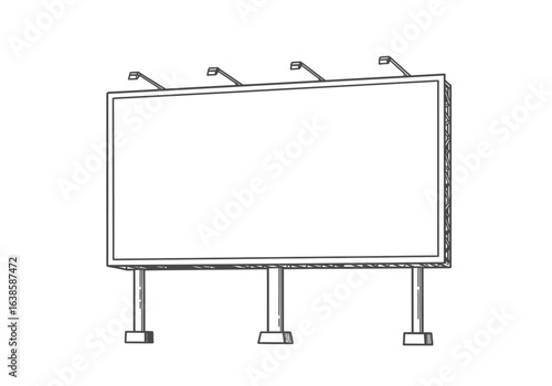 Outline of a blank billboard with lighting supported by three columns depicted on a white background