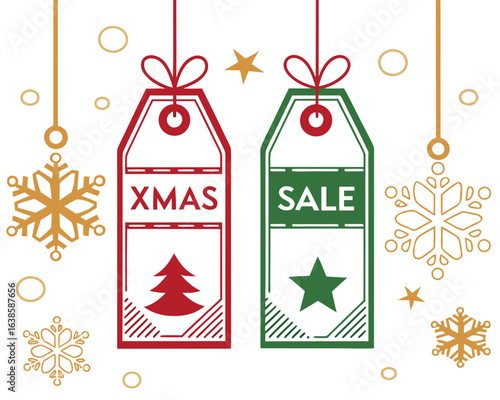 Festive Christmas Sale Illustration with Hanging Tags Snowflakes and Stars Holiday Shopping Promotions and Seasonal Discounts