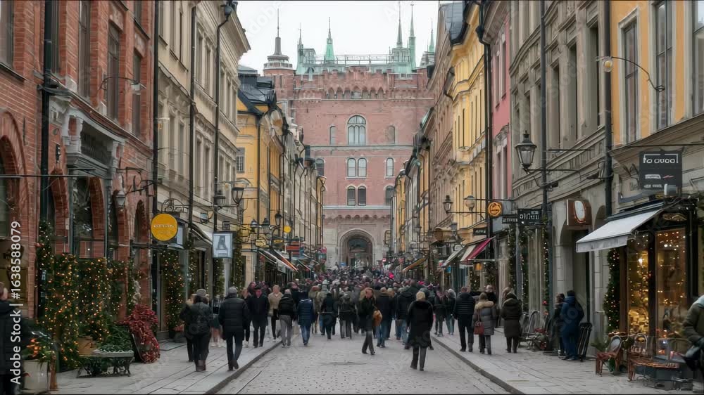 Crowded cobblestone street in Stockholm festive shops and castle view, 4k video footage
