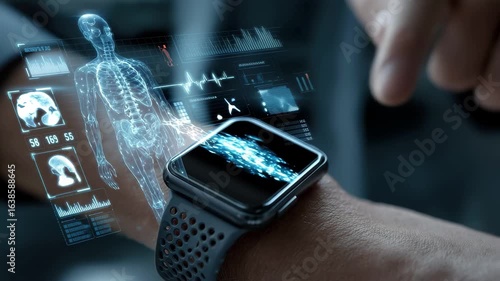Smartwatch displaying human body data digital health technology future medicine, 4k video footage