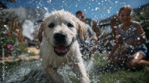 The puppy splashing in a small garden sprinkler as children squeal with laughter, parents smiling under the shade of a nearby tree,