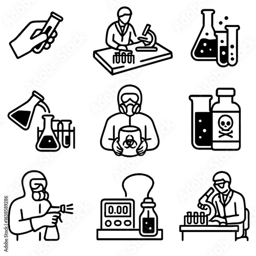 Linear icons of scientists in hazmat suits and laboratory equipment