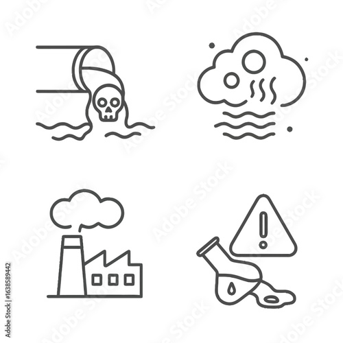 Linear icons depicting environmental pollution: waste and toxic hazards