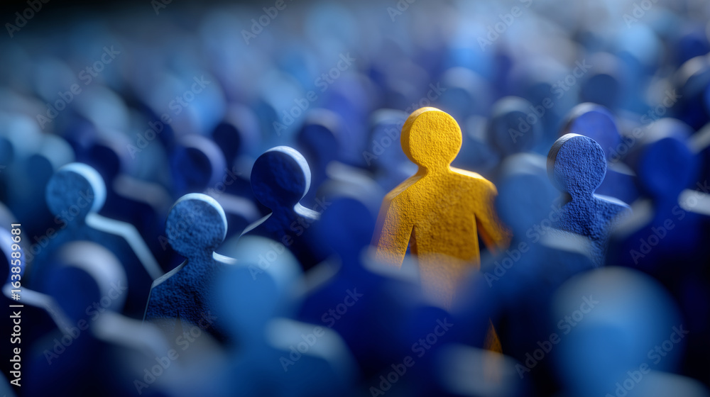 Obraz premium Stylized 3D render of one yellow figure on a blue grid, surrounded by hundreds of uniformly spaced blue figures, sharp lighting enhancing the color contrast,