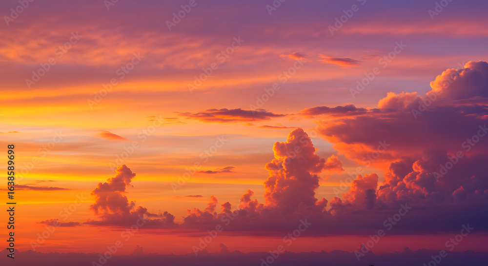 Fototapeta premium Vibrant sunset paints the sky with fiery oranges, deep purples, and soft pinks, illuminating dramatic, textured clouds in a breathtaking atmospheric display.