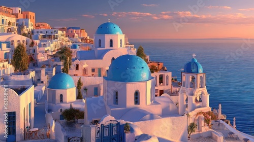 Santorini sunset whitewashed village, blue domes, Aegean Sea. Travel postcard