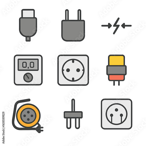 Modern electrical devices: outlets, plugs, cables, and adapters in flat icon design