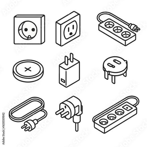 Isometric electric plugs and outlets icons set on gradient background