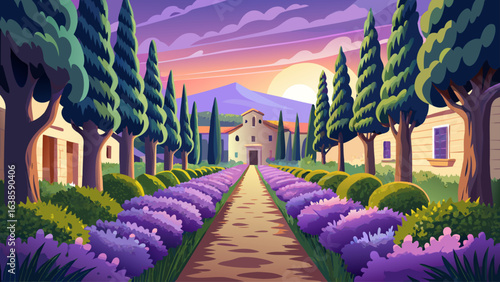 
Very beautiful une allée bordée de lavande et de cyprès avec un mas provençal au bout, à l'aube