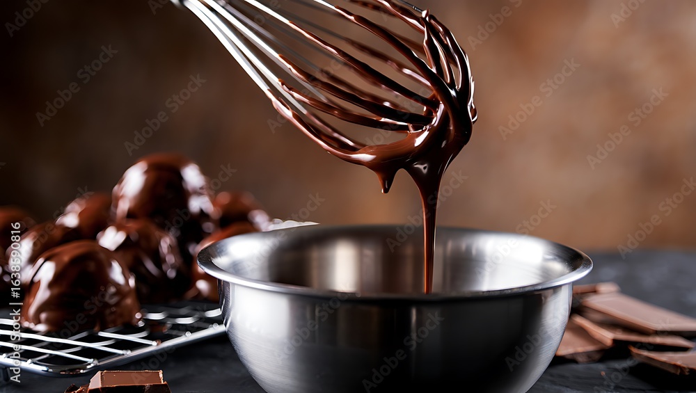 Fototapeta premium Whisk dripping melted dark chocolate into a metal bowl with chocolate covered treats
