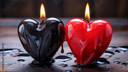 Close-up of two heart-shaped candles, one black and one red, burning side by side with melted wax and water droplets, symbolizing love, passion, and contrast.
