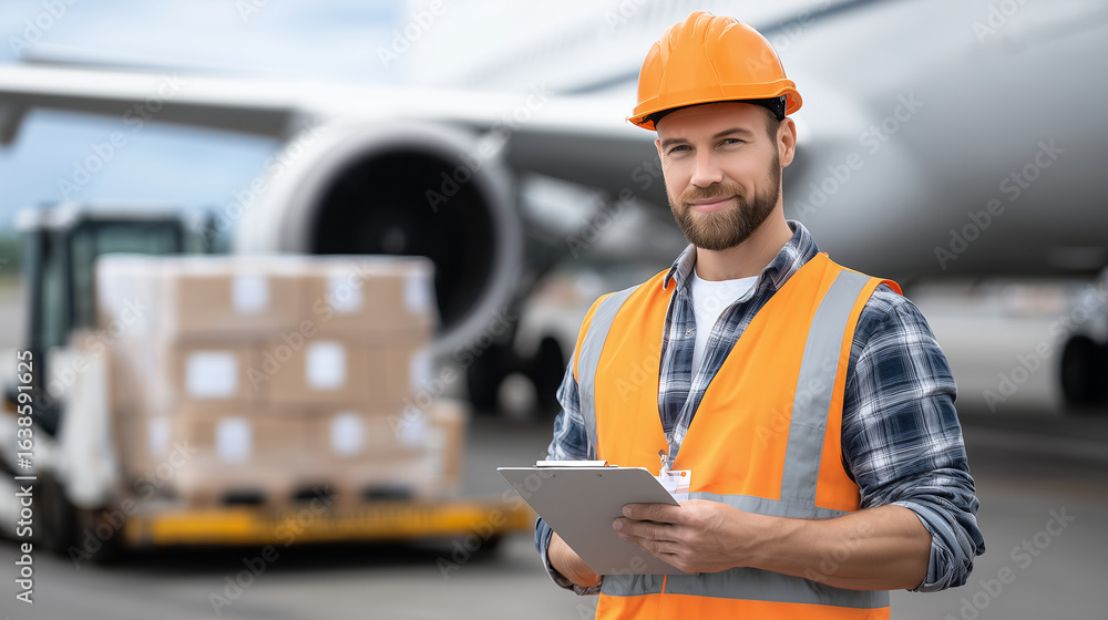 Fototapeta premium A confident man in an orange safety vest and hard hat stands with clipboard on the tarmac, cargo loaders actively transferring pallets into the open airplane hold, jet engines and