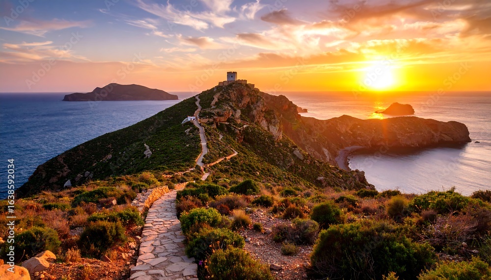 Fototapeta premium Dramatic sunset over a coastal path on a rugged island.