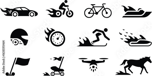 Collection of black silhouette icons representing various extreme sports and vehicles