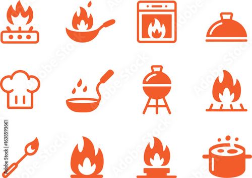 Collection of orange cooking and fire related icons on a white background