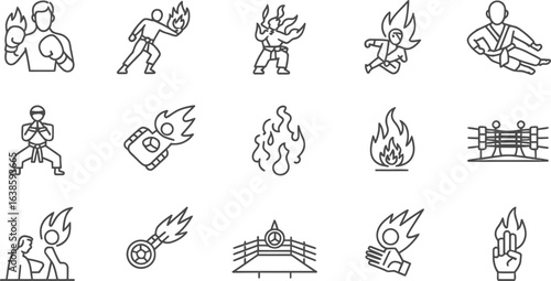 Martial arts characters with fiery attacks and boxing ring icons
