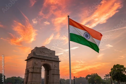 India Gate with Waving National Flag Against Vibrant Sunrise or Sunset Sky
