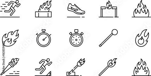 Athletic icons representing running hurdles track and field and olympic torch