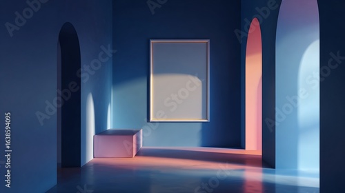 Sunlight Illuminates Empty Picture Frame in Architectural Hallway Interior
