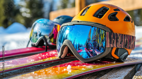 Outdoor and Adventure Sports Skiing/Snowboarding: skis, snowboards, helmets, goggles.