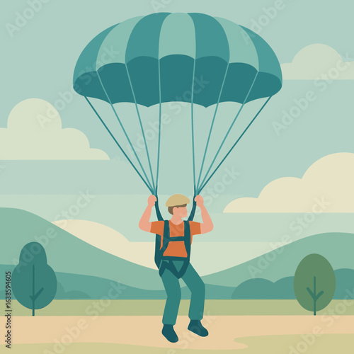 Parachuting adventure: flat style parachutist in scenic landscape with clouds and trees