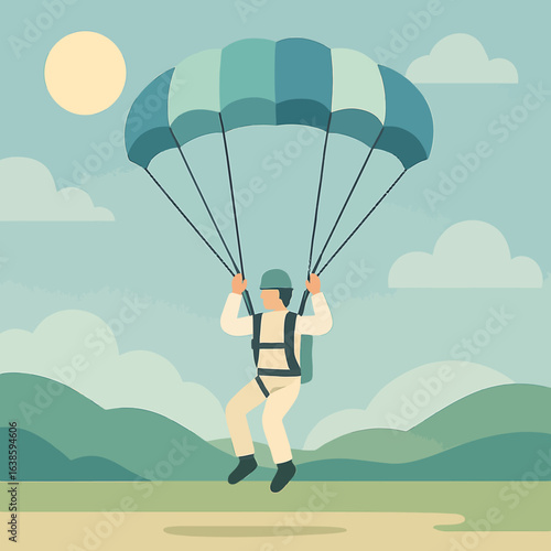 Parachutist landing safely in minimalist mountainous landscape with parachute