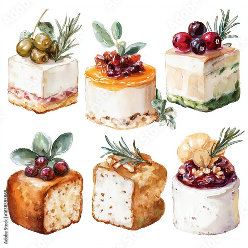 Watercolor Mini Desserts Six Elegant Cakes with Berries and Herbs