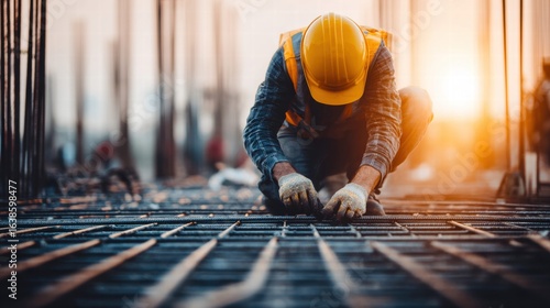 Construction worker installing rebar on a construction site at sunset.
