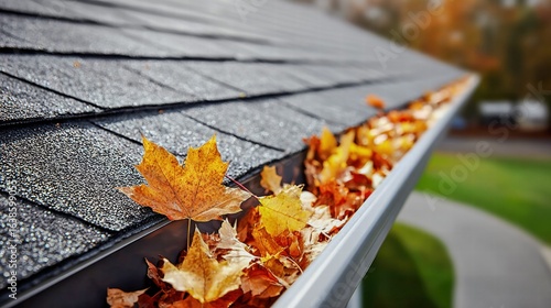 Autumn leaves fill a roof gutter, showing the beauty and challenges of the season.