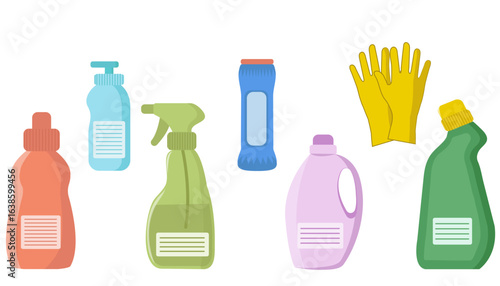 Set of cleaning products, bottles, detergent, cleaning, yellow gloves, cleaning, household chemicals, Vector illustration on a white background