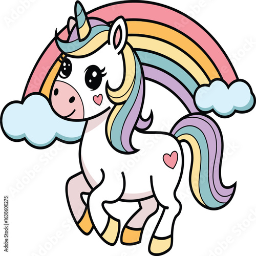 A charming illustration of a cute unicorn with a colorful mane and a sparkling horn, prancing beneath a vibrant rainbow and fluffy clouds. This enchanting design is perfect for children's products.