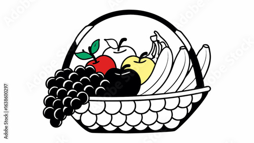 Vibrant fruit basket overflowing with fresh grapes, apples, and bananas, ready to eat.
