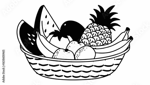 Fresh fruit basket brimming with delicious watermelon, pineapple, and bananas for healthy eating