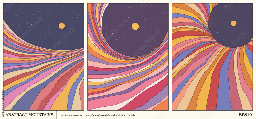 Obraz premium Geometric striped mountains. Wavy colorful landscape. 1960s retro poster
