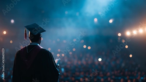 A graduate in a cap and gown giving a valedictorian speech on stage at a graduation ceremony.