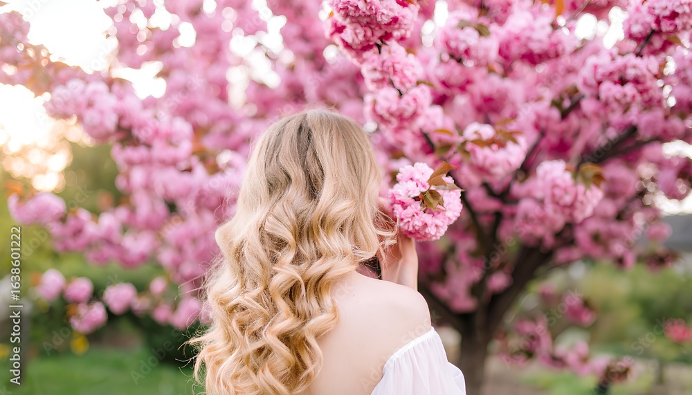 Obraz premium Springtime Beauty: Blonde Woman with Long Curly Hair Holding Cherry Blossom Branch, Blooming Sakura Tree, Nature, Female Model, Floral Scenery, Summer Style, Happiness, Outdoors