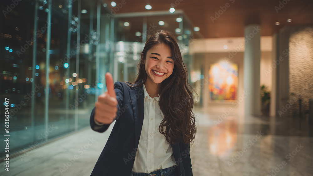 Fototapeta premium 女子高校生がオフィスで親指を立て笑顔