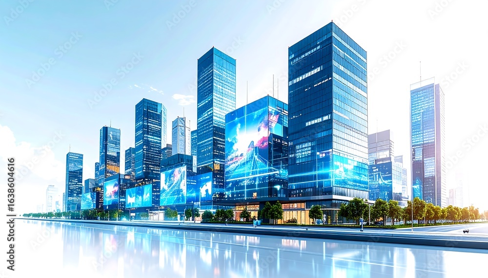 Fototapeta premium Futuristic city skyline with digital displays