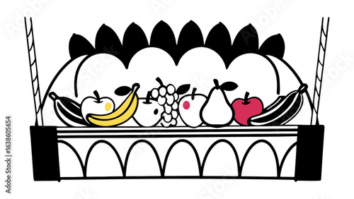 Vibrant fruit basket illustration, fresh apples, bananas, grapes, and pears, healthy lifestyle