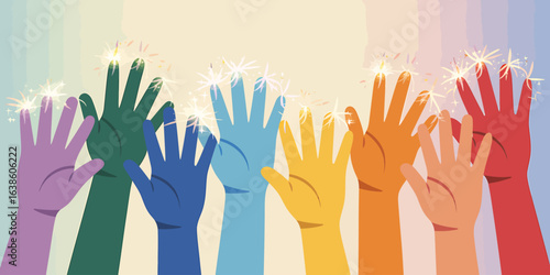 Diverse hands raised in celebration and unity representing community and support with sparkling effect and colorful design for inclusivity
