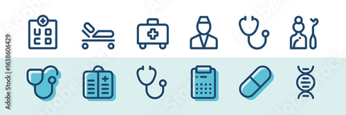 Medical Icons Set Representing Healthcare and Medicine Services including Hospital Stretcher First Aid Kit Doctor Stethoscope Patient Tablet and DNA Structure