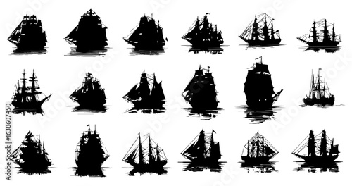 Shadowy Galleons: A fleet of detailed galleon silhouettes evoke the age of exploration, each conveying a unique personality and structure with textured strokes.