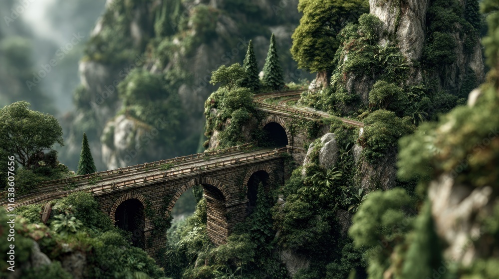 Fototapeta premium Enchanted Mountain Pass Bridge Through Lush Verdant Landscape