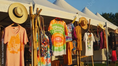 Colorful tie-dye shirts displayed at a vibrant outdoor market during sunset, with tents in background