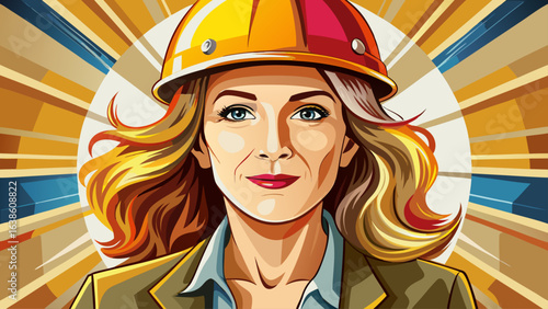  Very beautiful portrait Hardhat helmet female adult. white background