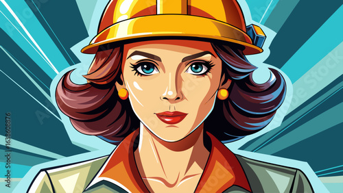  Very beautiful portrait Hardhat helmet female adult. white background