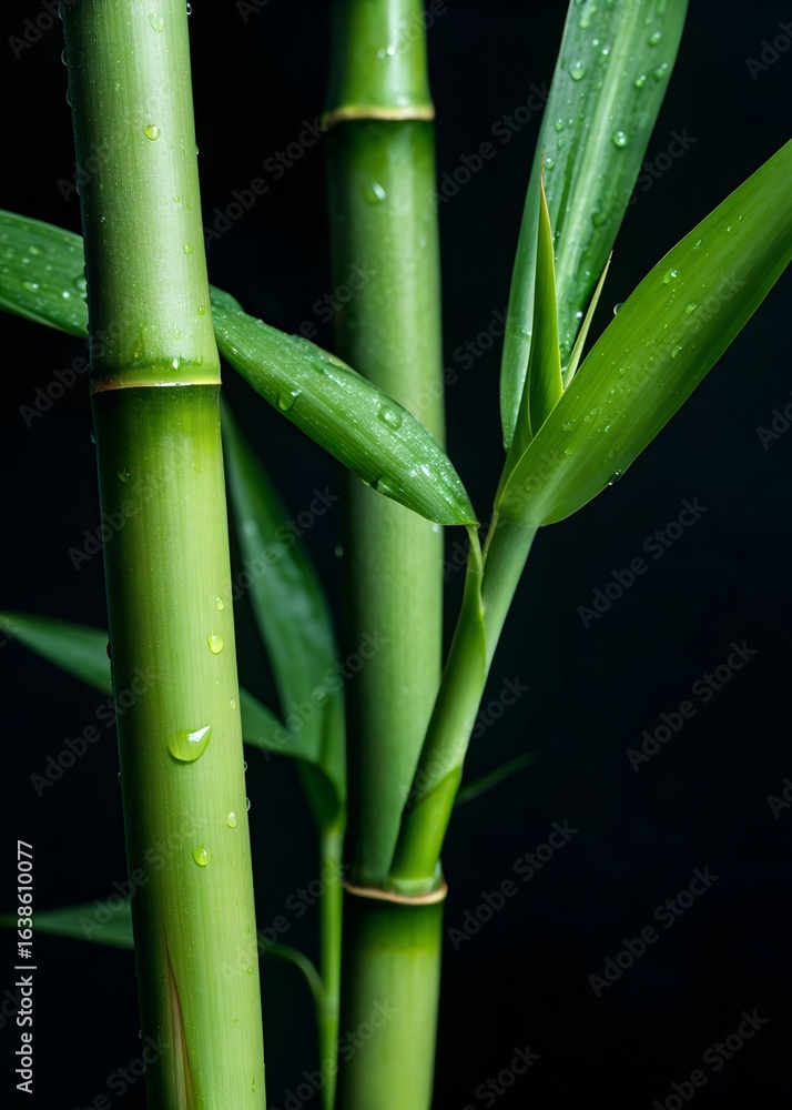 Obraz premium Green bamboo stems leaves water drops natural freshness