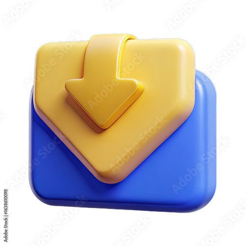 High-Gloss Yellow and Blue 3D Plastic Envelope Icon with Down Arrow on Transparent Background