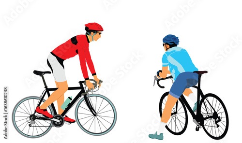 Male bicyclist riding bicycle vector illustration isolated. Sportsman race teamwork. Giro, tour, competition. Man rides bicycle standing up. Boy on bike helmet. Biker racing. Outdoor sport recreation.