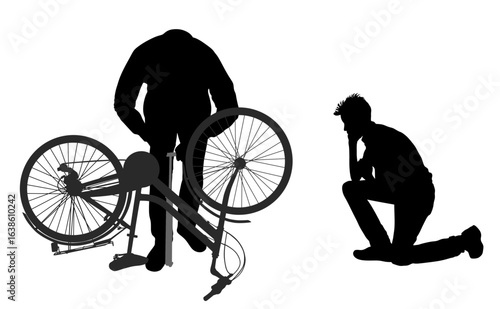 Man pumping up bicycle tire vector silhouette illustration isolated. Father learning son pumps tire, boy fixes wheel on bicycle shape shadow. Male solves accident on road. Fix problem transportation.